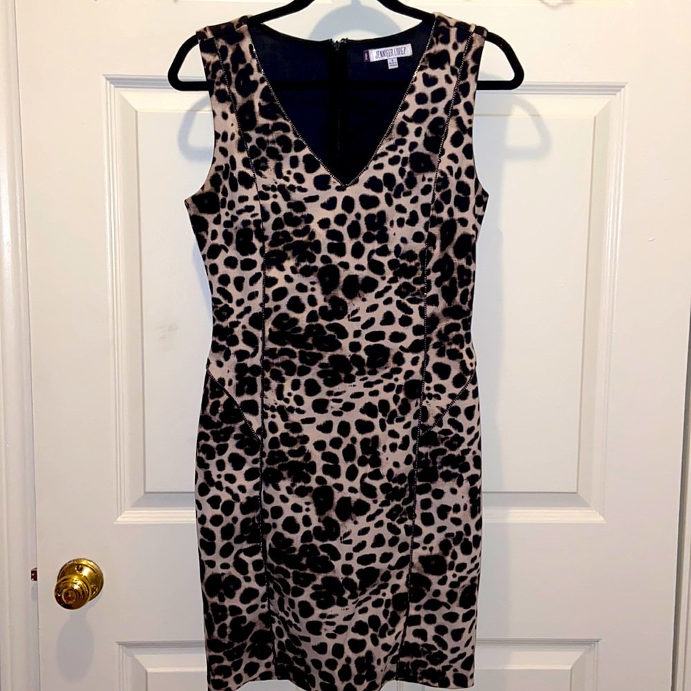 Jennifer Lopez Black and Tan Leopard Print Dress